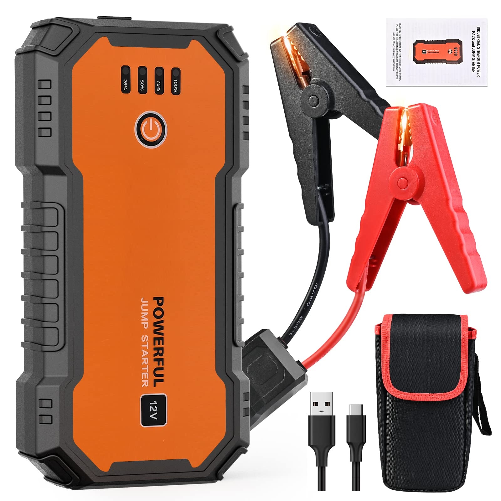 GOLDGE Starthilfe Powerbank, 27000mAh Auto Starthilfe, 2000A 12V Auto Batterie Booster mit Starthilfekabel für 6.0L Benzin und 3,5L Diesel, Tragbare USB Ladegerät mit LED Taschenlampe