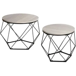 Mendler Couchtisch-Set HWC-L37, Kaffeetisch Beistelltisch Loungetisch, Metall Holz ~ Eiche-grau-Optik