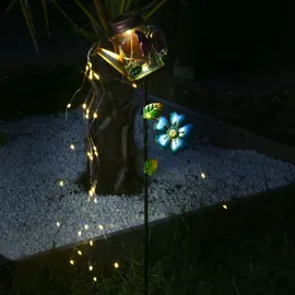 MARELIDA LED Solar Gießkanne mit Schmetterling Wasserfalleffekt Gartenstecker Solarglas