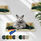 Rohrschneider Kletterwand Katzen (alle Katzengrößen) | Made in EU | Katzentreppe kombinierbar | aus Echtholz Kiefernholz | belastbar bis 30 kg | Natur (waschbares Kissen Cord grün)