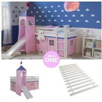 Homestyle4u Hochbett Kinderbett Matratze Rutsche Turm Rosa Tunnel weiß