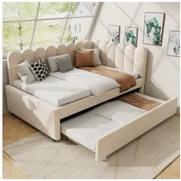 STILVORA Schlafsofa L-Form mit bettfunktion,Polsterbett 140x200 Tagesbett ausziehbar, 140x200 cm in Rosa Samt, Mit Ausziehbett & floraler Rückenlehne, ohne Matratze beige