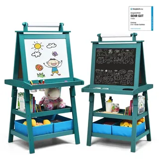 Costway - 3 In 1 Kinder Staffelei, Doppelseitig, Whiteboard & Kreidetafel & Zeichenpapier, Standtafel Inkl. Magneten, 2 Regalebenen Holztafel Mit 2 Aufbewahrungsboxen Blau
