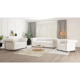 s-style möbel Chesterfield Polstergarnitur Kunstleder 3-Sitzer + 2-Sitzer + Sessel Weiß