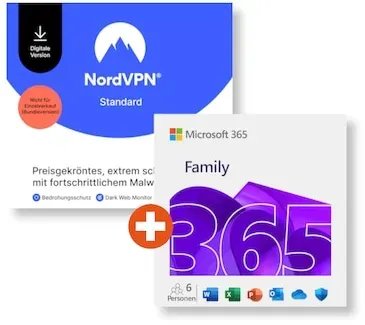 Microsoft 365 Family (15 Monate Office-Apps inkl. Copilot-KI und 6TB Cloudspeicher) + NordVPN | Download & Produktschlüssel