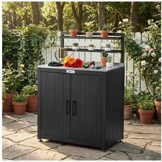 feasto Gartenschrank mit Edelstahl-Arbeitsplatte, 2 verstellbare Regalböden