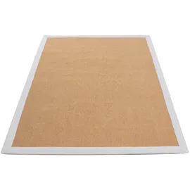 carpetfine Sisalteppich Naturfarbe 60x110 cm handgewebt mit Bordüre aus Baumwolle in Weiß | Moderner Rutschfester Flachgewebeteppich Uni aus Naturfasern für Wohnzimmer, Schlafzimmer