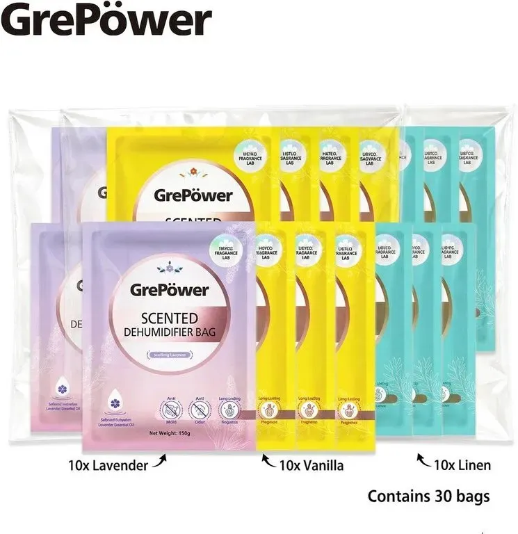 GrePower Feuchtigkeitsabsorber-Bundle – Leinen ×10 Beutel + Lavendel ×10 Beutel + Vanille ×10 Beutel (30 Beutel insgesamt)