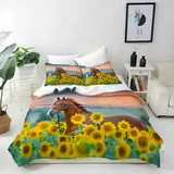 ANHOPE Pferd & Gelbe Sonnenblume Bettwäsche Set 2 Teilig Bettbezug 135x200 cm + Kissenbezug 80x80 cm Weich Microfaser Bettbezüge Set mit Reißverschluss Ganzjahres Bettdeckenbezug Set