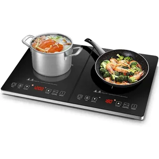 amzchef Doppel-Induktionskochplatte DC08, 3500w, 10 Temperaturstufen, 3-Stunden-Timer, Sicherheitssperre schwarz