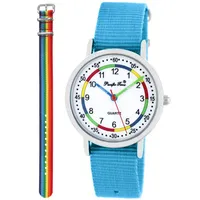 Pacific Time Lernuhr Mädchen Jungen Kinder Armbanduhr 2 Armband hellblau + Regenbogen analog Quarz 11042