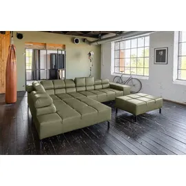 KAWOLA Sofa NELSON Ecksofa Leder olivgrün mit motorischem Sitzvorzug und Hocker Recamiere links