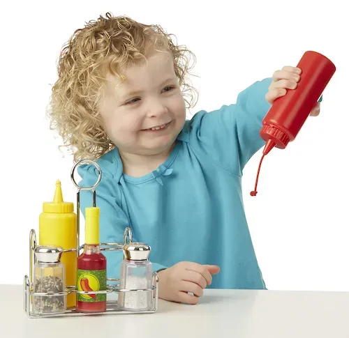 Melissa & Doug Spielessen Saucen & Gewürze Rollenspiel-Küchenzubehör FSC-Holz rot, gelb, schwarz, weiß - Spritzeffekt, ab 3 Jahren