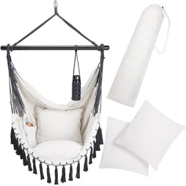 DETEX Hängesessel bis 150kg Belastbar mit Flaschenhalter Boho Stil Wetterfest Garten 360° Drehbar Hängestuhl Indoor & Outdoor Kissen