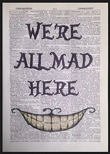 Kunstdruck Der verrückte Hutmacher aus Alice im Wunderland, "We 're All Mad Here" auf Wörterbuch-Seite