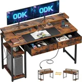 ODK Computertisch mit Schubladen und USB-Ladeanschluss, 120x50x90cm, Rustikales Braun