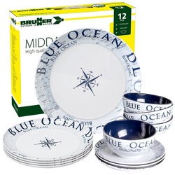 BRUNNER Geschirr-Set »BRUNNER Melamin Campinggeschirr BLUE OCEAN (8, 12, 16 oder 36-Teilig), Rutschfest, Leicht« (12-tlg)