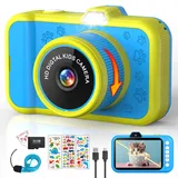 Kinderkamera, 3,5" Großes Display | 360°Rotierendes Zoomobjektiv | Kinder Kamera mit Selfies | LED-Blitz | Digitalkamera Fotoapparat Kinder mit 32G Karte | Spielzeug Geschenke für Kinder 3-12-Blau