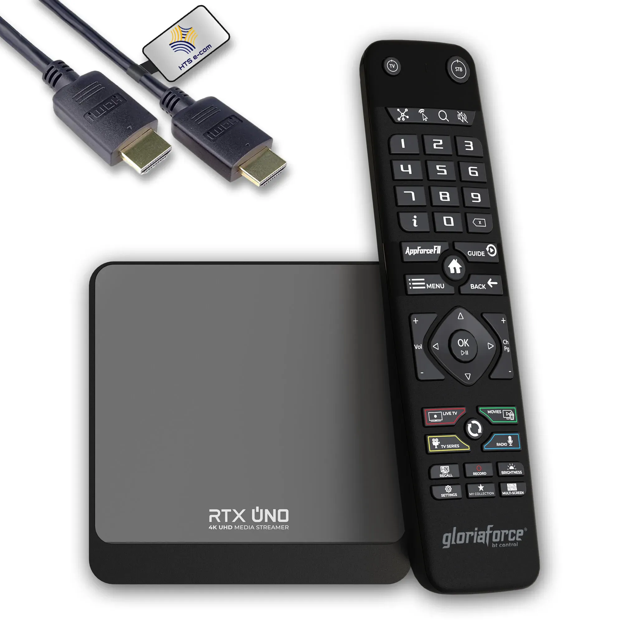 GloriaForce RTX Uno 4K UHD Android 11.0 TV Streaming Box mit App Force II, Quad core ARM Cortex, 1000 MBps Ethernet und Bluetooth Fernbedienung