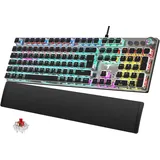 TECURS Mechanische Gaming Tastatur - QWERTZ Mechanical Keyboard mit Magnetische Handgelenkauflage, Multimedia-Tasten, 105 Tasten Kabelgebundene Rote Schalter Tastatur für PC/PS5/PS4, 19 LED Modi