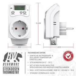 BEARWARE Steckdosen Thermostat programmierbar von 5°-30°C LCD Display mit Statusanzeige