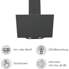 Wiggo Dunstabzugshaube 60cm kopffrei I Abluft Umluft Dunstabzug 300m3/h - LED Touch-Display 3 Stufen I Schräghaube inkl. Fettfilter & 2x Kohlefil...