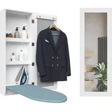 OKWISH Bügelbrett Schrank mit Spiegel Wandmontage 94x34x18 cm Weiß mit klappbarer Bügelfläche, 2 Fächern, Haken und vormontiertem Korpus