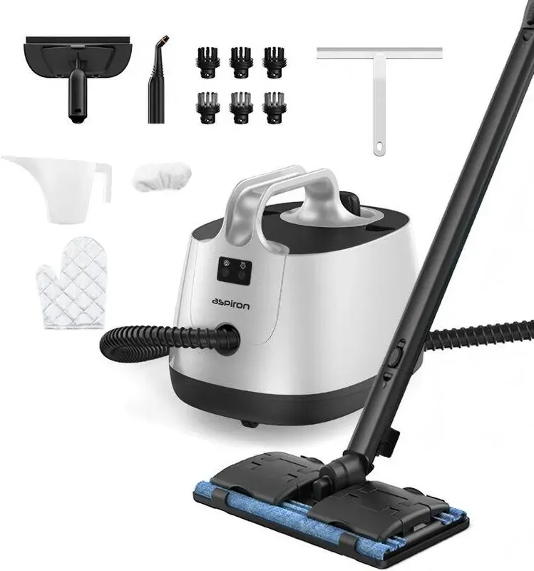 ASPIRON Dampfreiniger, 1500 W, 4 bar, bis zu 145 °C heißer Dampf, 1,5 l Wassertank, 21 Zubehörteile, chemiefreie Reinigung für Böden, Fenster, Fugen, Polster, Teppich und Auto, grau