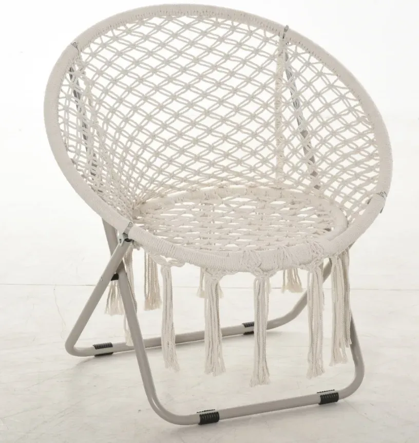 Outsunny Hängesessel runder Gartenstuhl Mond Papasan Klappbarer großer Komfort Makramee Baumwolle Polyester Beige   Aosom
