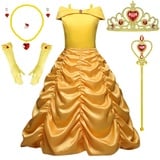 Timesun Puffärmel Angels Prinzessin Belle Kostüm Kleid für Mädchen Kinder Halloween Karneval Party Verkleidung Kronen Zepter Ketten Ringe Ohrringe Handschuhe (Gelb, 120)