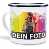 Metall-Tasse selbst gestalten/Personalisierbar mit eigenem Foto oder Text Bedrucken/Fototasse/Motivtasse/Camping/Emaille - Blauer Rand