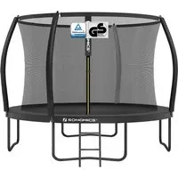 Trampolin 305 cm d, Gartentrampolin für Kinder mit Sicherheitsnetz, 180 cm hohe Gebogene Stangen, Randabdeckung, Leiter, Stahlrahmen, schwarz STR102B01