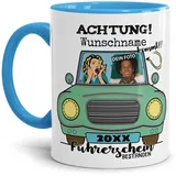 Tassendruck Fototasse selbst gestalten mit Name, Jahr und Foto - Personalisierte Foto-Geschenke zur bestandenen Führerscheinprüfung | Personalisiertes Geschenk, 300ml, Innen & Henkel Hellblau