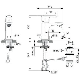 Ideal Standard Connect Air Waschtischarmatur Piccolo, A7014GN m.Ablgarn., Ausld.90mm, Blizzard silver