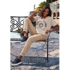 H.I.S. T-Shirt H.I.S, Damen, Gr. 48/50, braun (camelfarben gestreift), Web, Obermaterial: 100% Baumwolle, gestreift, figurumspielend hüftlang, Rundhals, normaler Saum, Shirts T-Shirt, gestreift mit Print, Loungewear