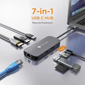 NOVOO USB C Hub Gigabit Ethernet USB C Adapter 7 in 1 MacBook Pro Air Adapter,4K HDMI,4xUSB,100W PD+Daten Hub USB C,für MacBook M1 M2,Surface Pro/Go,Pad Pro/Air,Dell,HP Laptop und mehr Typ C Geräten