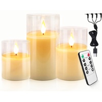 Autbye Flammenlose Elektrische Kerzen Wiederaufladbarer Batterie 3 Stück Tropfloses Echtes Wachs Säulen LED Flackern 10-Tasten-Fernbedienung (Typ 2)