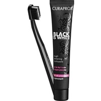 CURAPROX Black is White Set für weiße Zähne, Zahnaufhellung mit schwarzer Zahncreme aus Aktivkohle, whitening toothpaste, 1x Zahnbürste und Zahnpasta 90ml