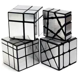 Yealvin Spiegelwürfel-Set, Spiegelwürfel, Set mit 1 × 3 × 3 Floppy Cube 2 × 2 Geschwindigkeitswürfel 3 × 3 Windmühlen-Zauberwürfel und 3 × 3 Spiegel-Würfel, 4 Stück, Silber