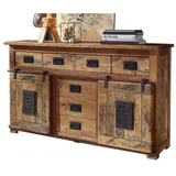 Massivart® Sideboard EMANUEL 150 cm / Massivholz Mango / 2 Rolltüren, Türapplikation aus Gusseisen / Beschläge und Schienen aus Eisen beige