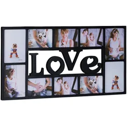 Relaxdays Bilderrahmen Collage LOVE, Fotorahmen 10 Bilder, Wandgalerie für Fotocollagen, HBT: 36,5 x 72 x 2 cm, schwarz