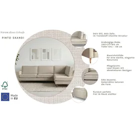 Home Affaire Ecksofa HOME AFFAIRE "Pinto Skandi, 290 cm, Chenille, Struktur, Ottomane links / rechts", beige (creme), B:290cm H:89cm T:217cm, 100% Polyester, Sofas, Ecksofa, mit Keder, Massivholzfüße Eiche geräuchert, Wellenunterfederung