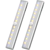 Jinlaili 2 Stück LED Bewegungsmelder Schrankleuchten mit Stick-On Magnetstreifen, Batterie Kleiderschrank Lampen, 10 LED Nachtlicht Lichtleisten Schranklicht, Unterbauleuchte für Küche (Warmweiß)