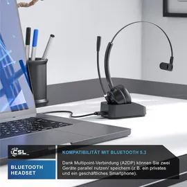 CSL Bluetooth Headset BT 5.3, Mikrofon, Noise Cancelling, Multipoint, mit Ladestation, kabellos, für Smartphone & PC