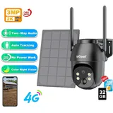 4G LTE Überwachungskamera Aussen Akku mit SIM Karte Solarpanel & 32GB, 2K 3MP Kabellos Solar IP Kamera Ohne WLAN Outdoor, Farb/IR Nachtsicht - Schwarz