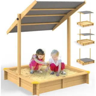 SPIELWERK Spielwerk® Sandkasten Fritzi Sonnendach 140x140x120cm Naturholz Fichtenholz UV-Schutz Sandbox UV50+ Kantenschutz Bodenvlies Sandspielzeug Kinder