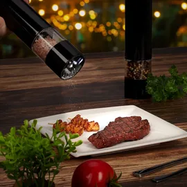 Relaxdays Salz und Pfeffermühle, 2er Set, Edelstahl, Keramikmahlwerk, elektrische Gewürzmühlen, mit LED-Licht, schwarz