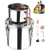 Vevor Alkoholdestillieranlage 11,4 L Edelstahl Wasseralkohol Destillieranlage mit Kupferspule, Heimbrau-Raffinations-Gärungsset mit Thermometer und Pumpe, für Wein Whisky Brandy, Silber