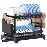 Teklemon Geschirrabtropfgestell, 2-Stufiger Edelstahl Abtropfgestell mit Tropfschale, Abnehmbarem Geschirrkorb Abtropfbrett mit Utensilienhalter & Tassenhalter Abtropfgestell für Küchentheke (03)