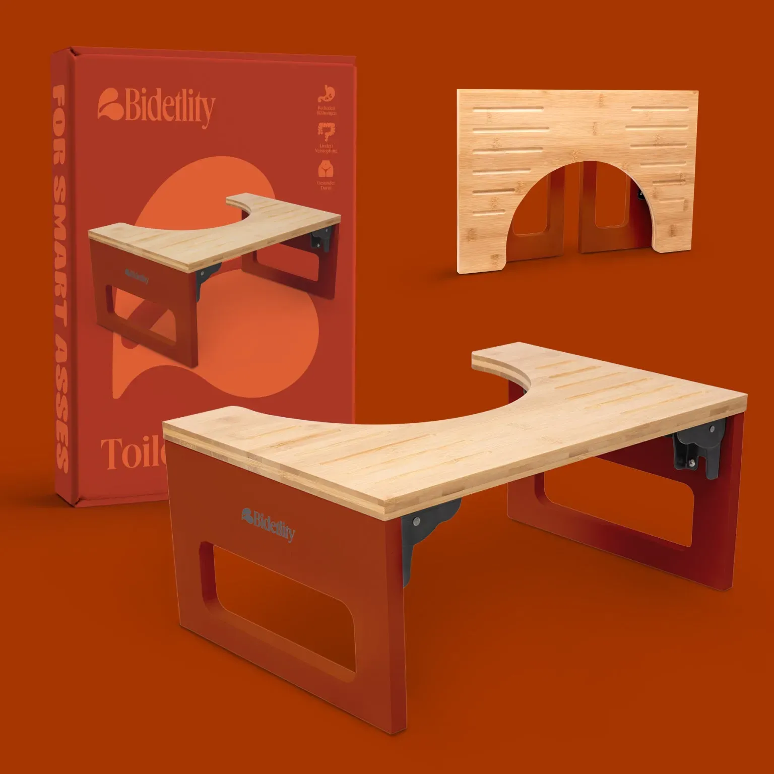 Bidetlity Toilettenhocker Bambus Dark Red Edition – Klappbarer WC Hocker | Klohocker & Kackhocker